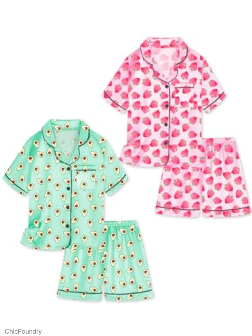 Girls 4-Piece Satin Pajama Set Short Sleeve Button Down Silky PJ